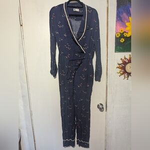 Anthropologie Blue and Pink Wrap Jumpsuit with Floral Print